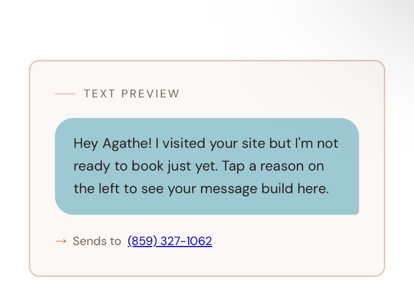 The tool's text preview: a message reading 'Hey Agathe! I visited your site but I'm not ready to book just yet...' that sends straight to her phone.