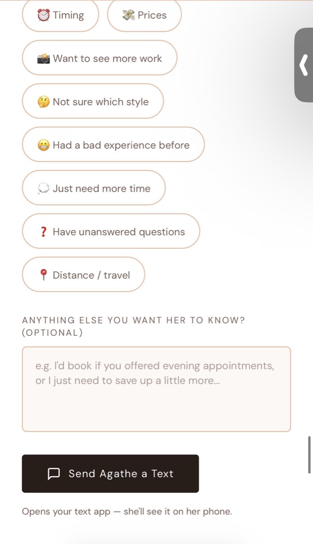 The live drop-off tool on Agathe's site: tappable reason chips — timing, prices, want to see more work, not sure which style, had a bad experience, distance — and a 'Send Agathe a Text' button.