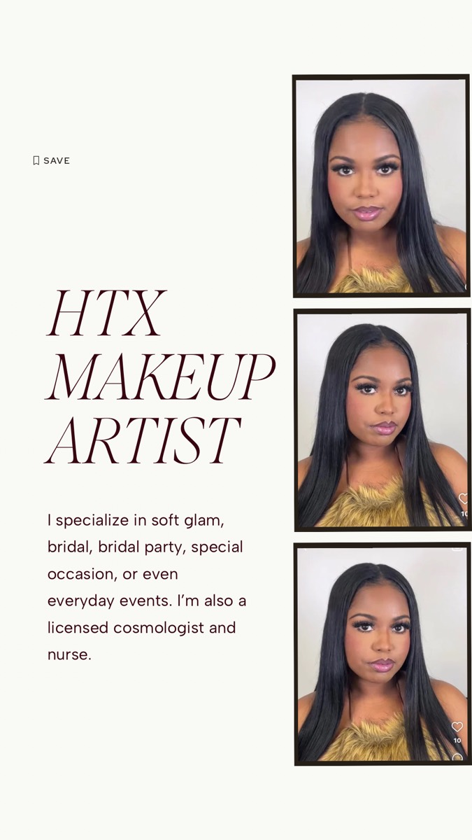 Beauty Mark RX social template reading 'HTX Makeup Artist' with three portraits of the founder and a short bio.