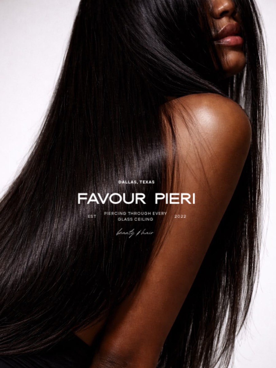 Favour Pieri editorial brand poster: long sleek hair against a pale background with the wordmark and tagline 'Piercing through every glass ceiling.'