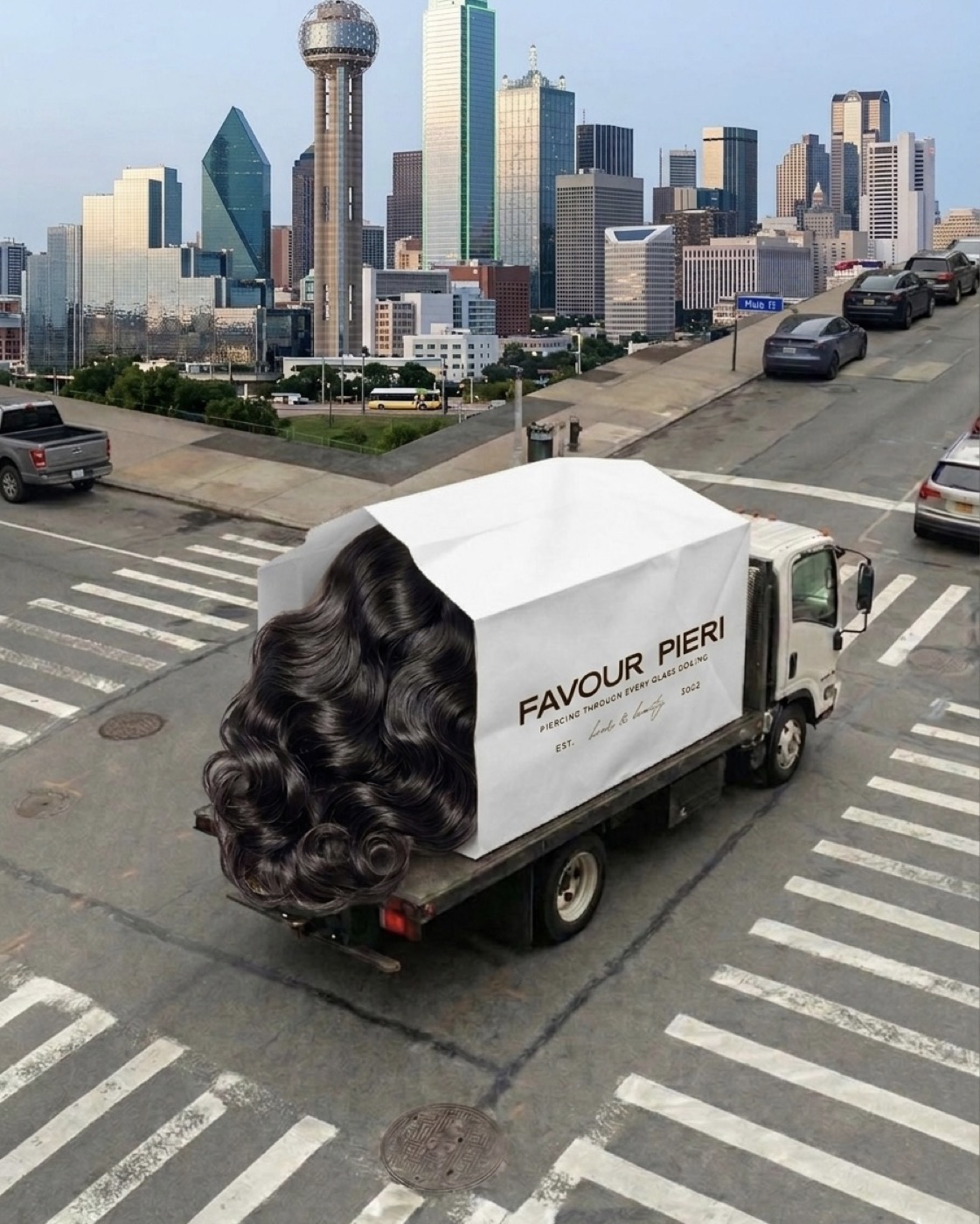 Box truck driving through downtown Dallas with a Favour Pieri wrap styled as a giant hair package.