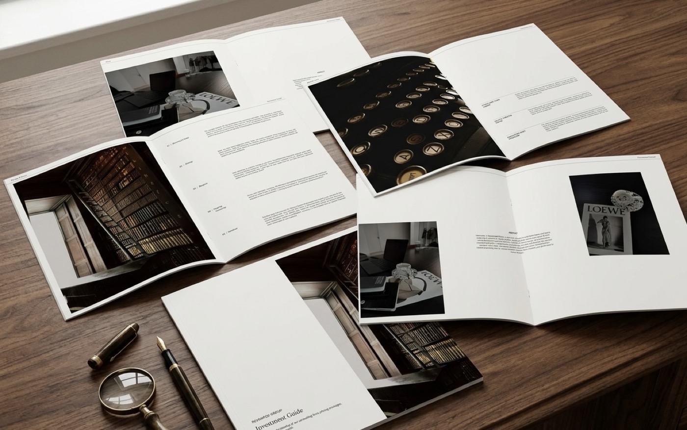 Revamped Group 'Investment Guide' booklets laid out on a wood desk with a magnifying glass and pen — a calm, editorial print system.
