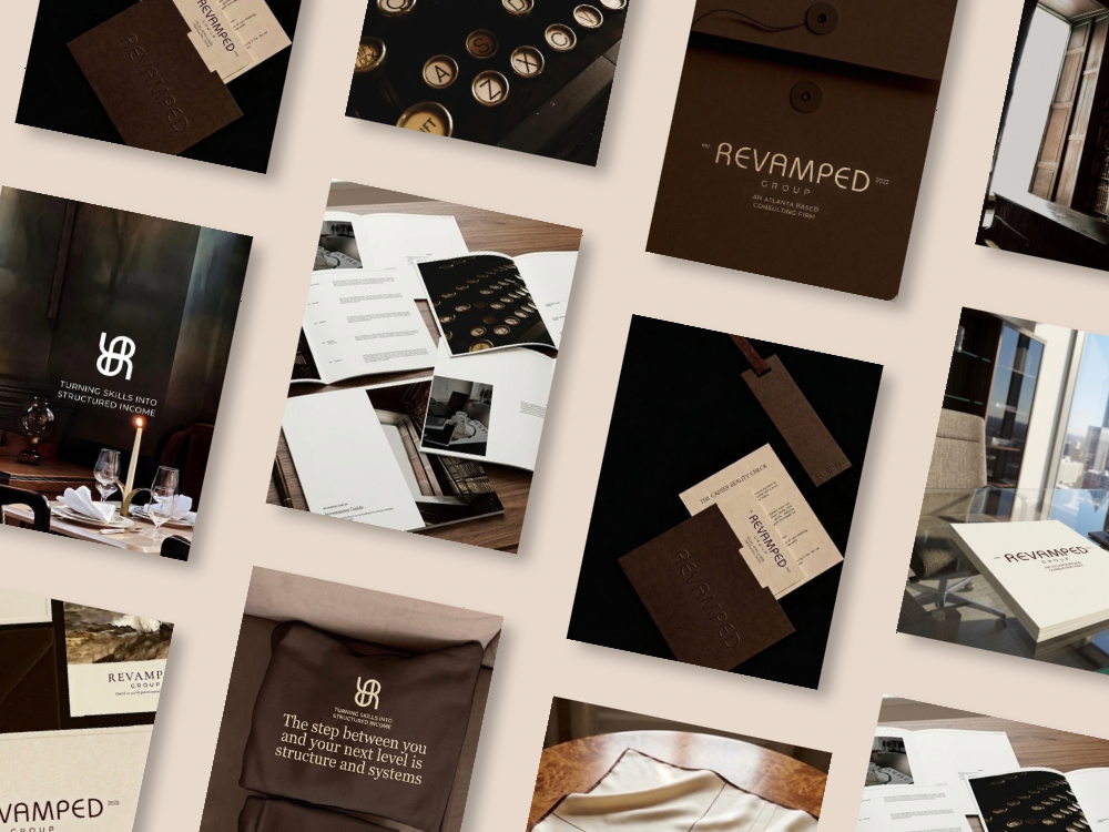Revamped Group brand mockup board: a beige, minimalist visual system shown across business cards, stationery, and signage, demonstrating one consistent identity across touchpoints.